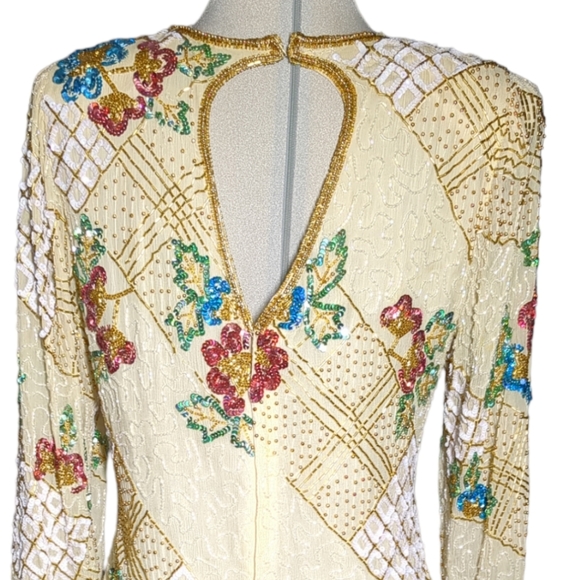 Gorgeous 100% SilkBeige embroidered midi long sleeve beaded sequins dress Size M - Picture 10 of 13